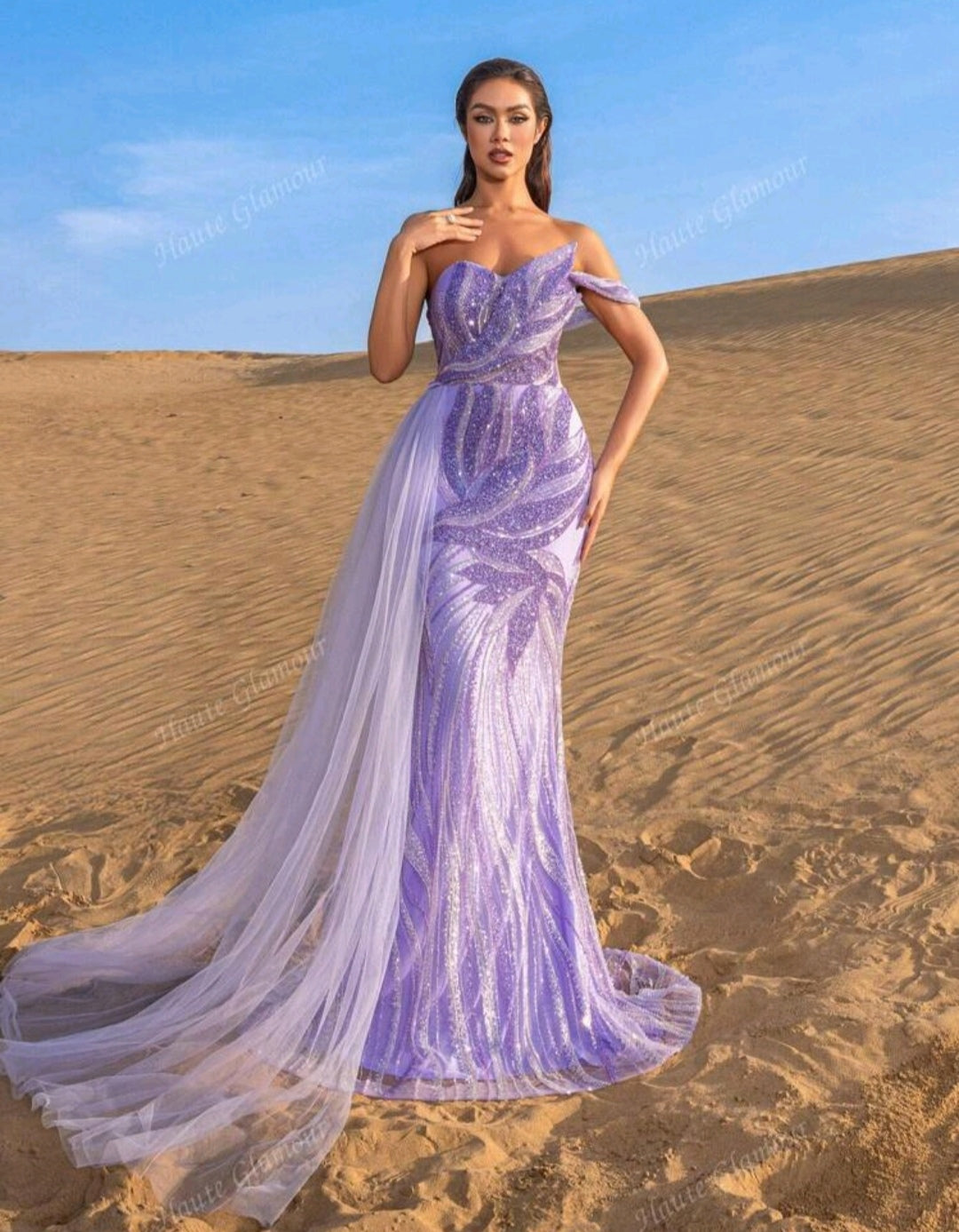 Robe de soirée brodée de feuilles couleur parme