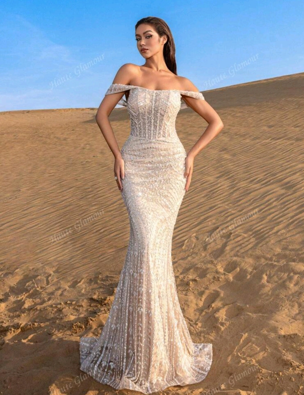 Robe de soirée sirène brodée nude