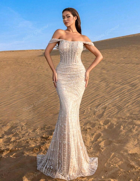 Robe de soirée sirène brodée nude